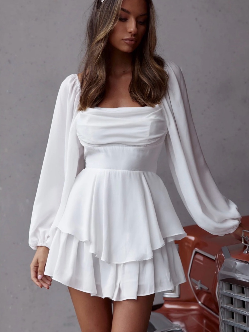 White Long-Sleeve Tiered Mini Romper - White